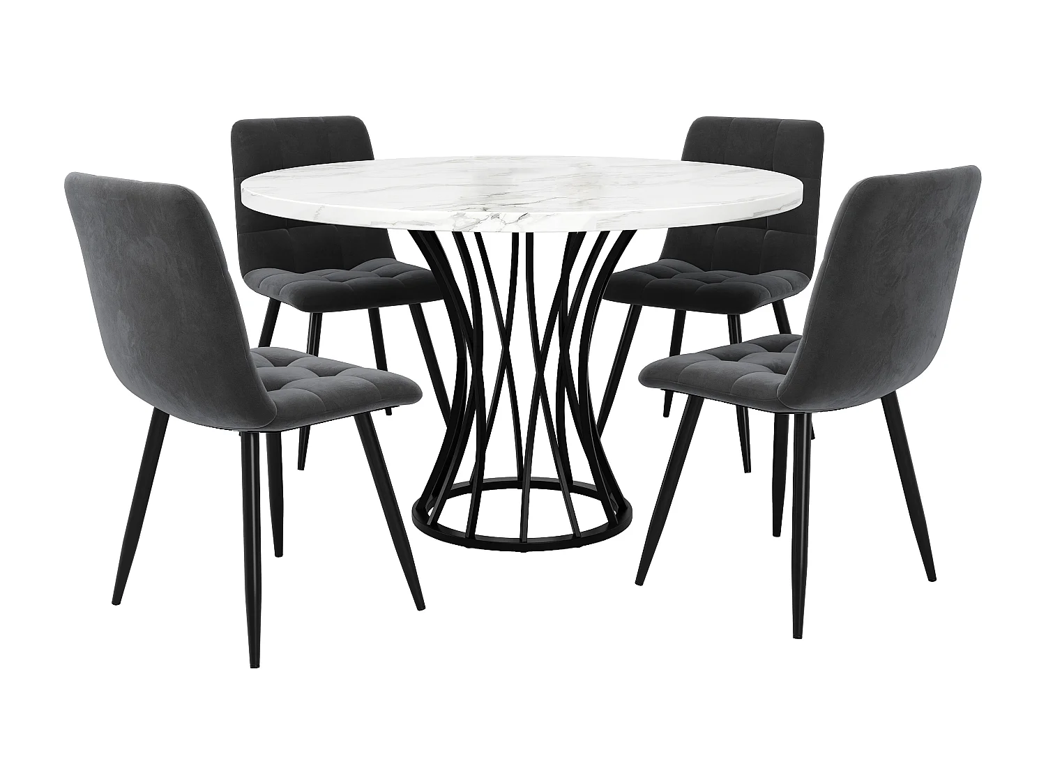 Eettafelset (80x80x76 cm) + 4 stoelen in grijs fluweel - zwarte metalen poten