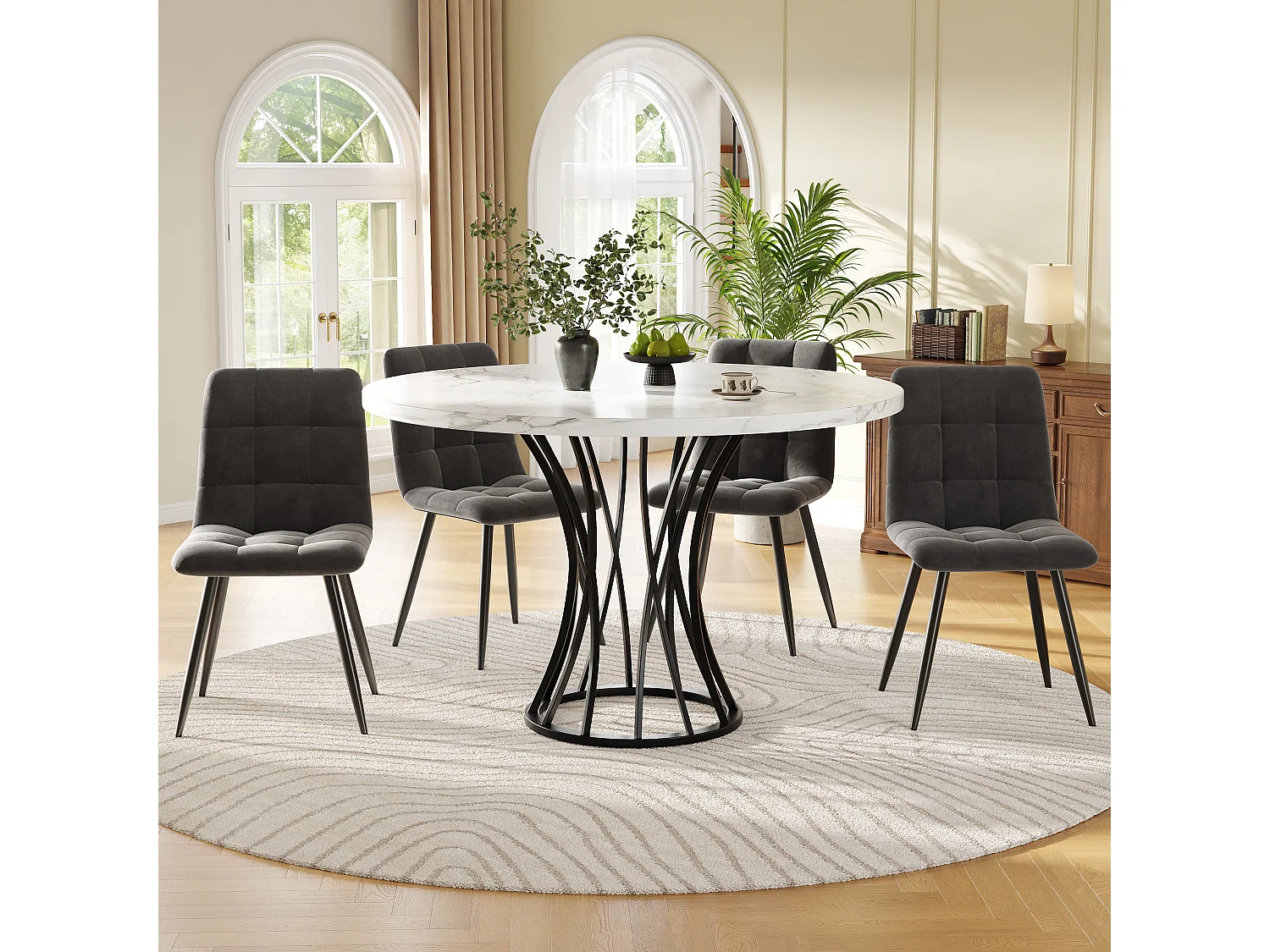 Eettafelset (80x80x76 cm) + 4 stoelen in grijs fluweel - zwarte metalen poten