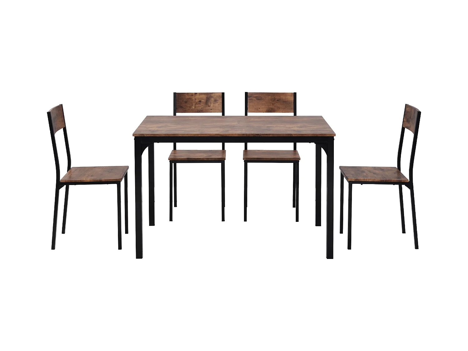 Eettafelset (140x65x75 cm) + 4 bruine houten stoelen - zwarte metalen poten