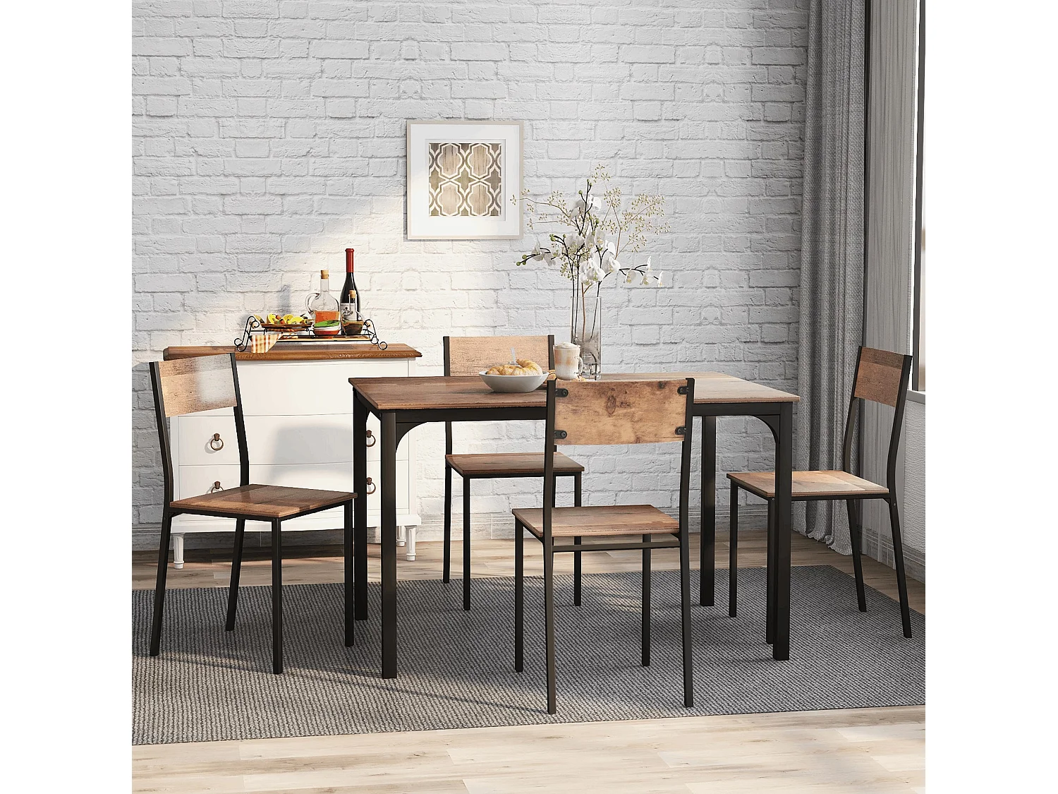 Eettafelset (140x65x75 cm) + 4 bruine houten stoelen - zwarte metalen poten