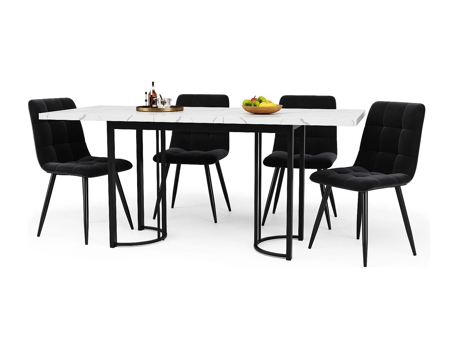 Conjunto de mesa de comedor extensible (140-179,5x80x75,5 cm) + 4 sillas de terciopelo negro - patas de metal negro