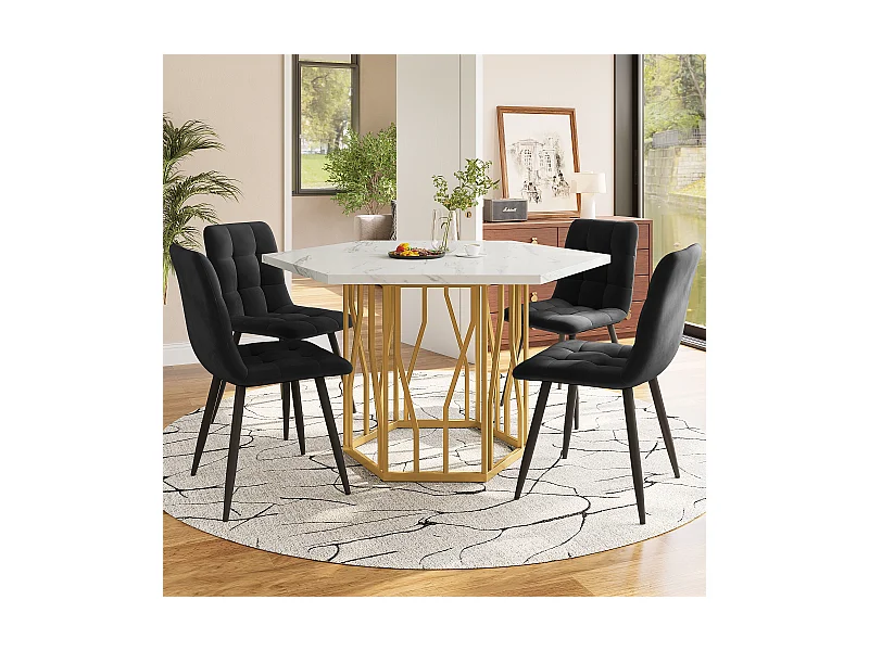 Eettafelset (115,5x100x75 cm) + 4 zwarte fluwelen stoelen - gouden metalen poten