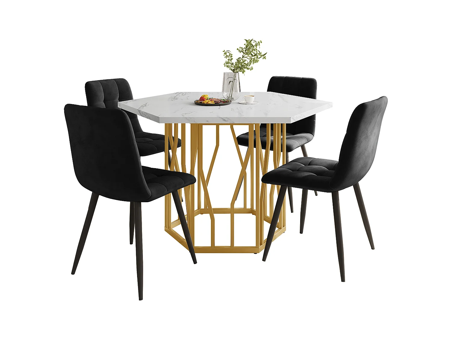Eettafelset (115,5x100x75 cm) + 4 zwarte fluwelen stoelen - gouden metalen poten