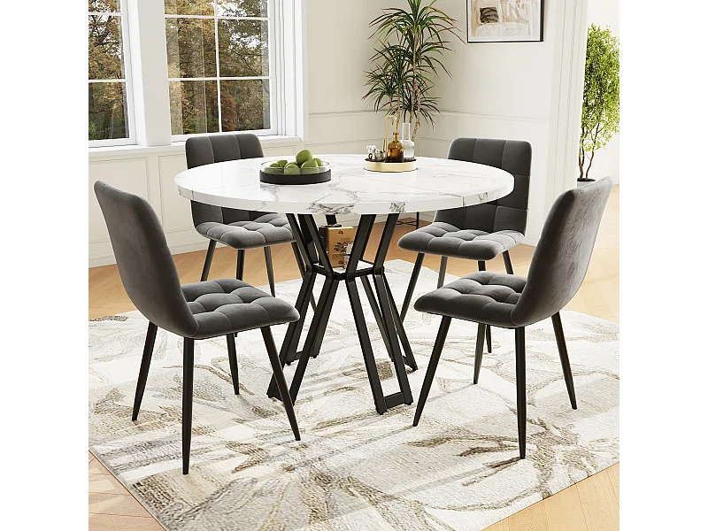 Ensemble table a manger (100x100x76 cm) + 4 chaises en velours gris - pieds en métal noir