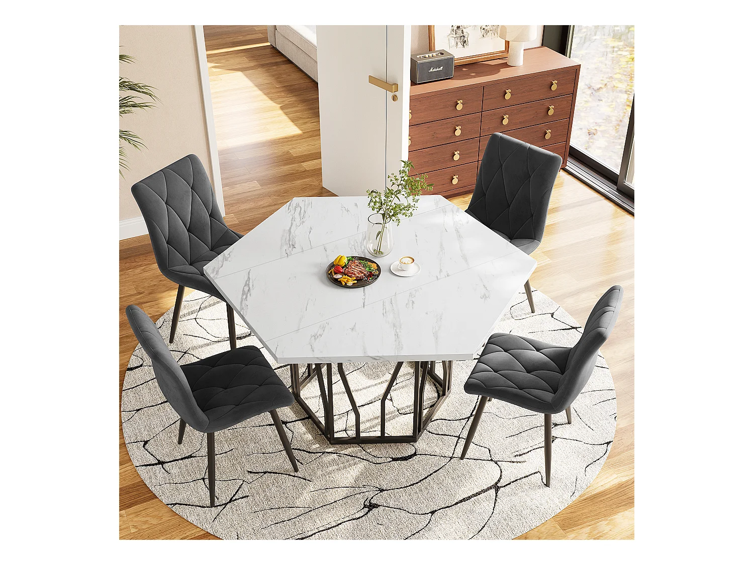 Ensemble table a manger hexagone (115.5x100x75 cm) + 4 chaises en velours gris - pieds en métal noir