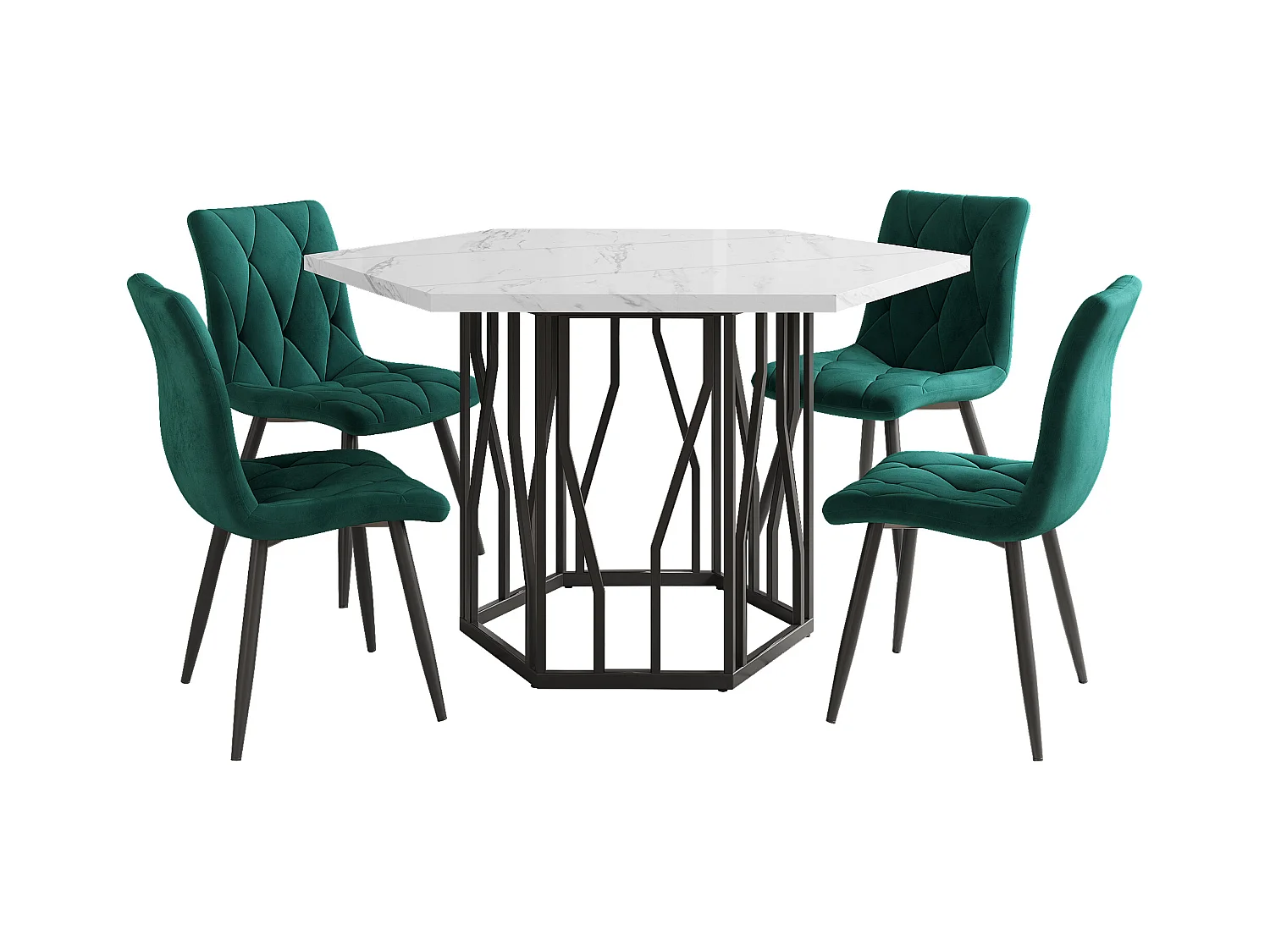 Ensemble table a manger hexagone 115.5x100x75 cm + 4 chaises en velours vert - pieds en métal noir