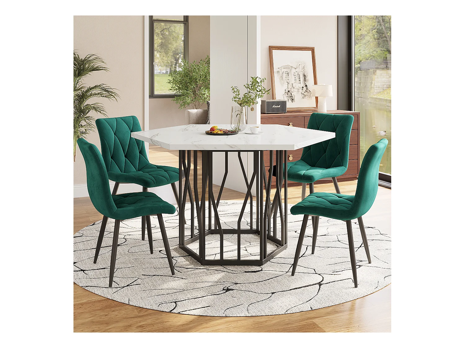 Ensemble table a manger hexagone 115.5x100x75 cm + 4 chaises en velours vert - pieds en métal noir