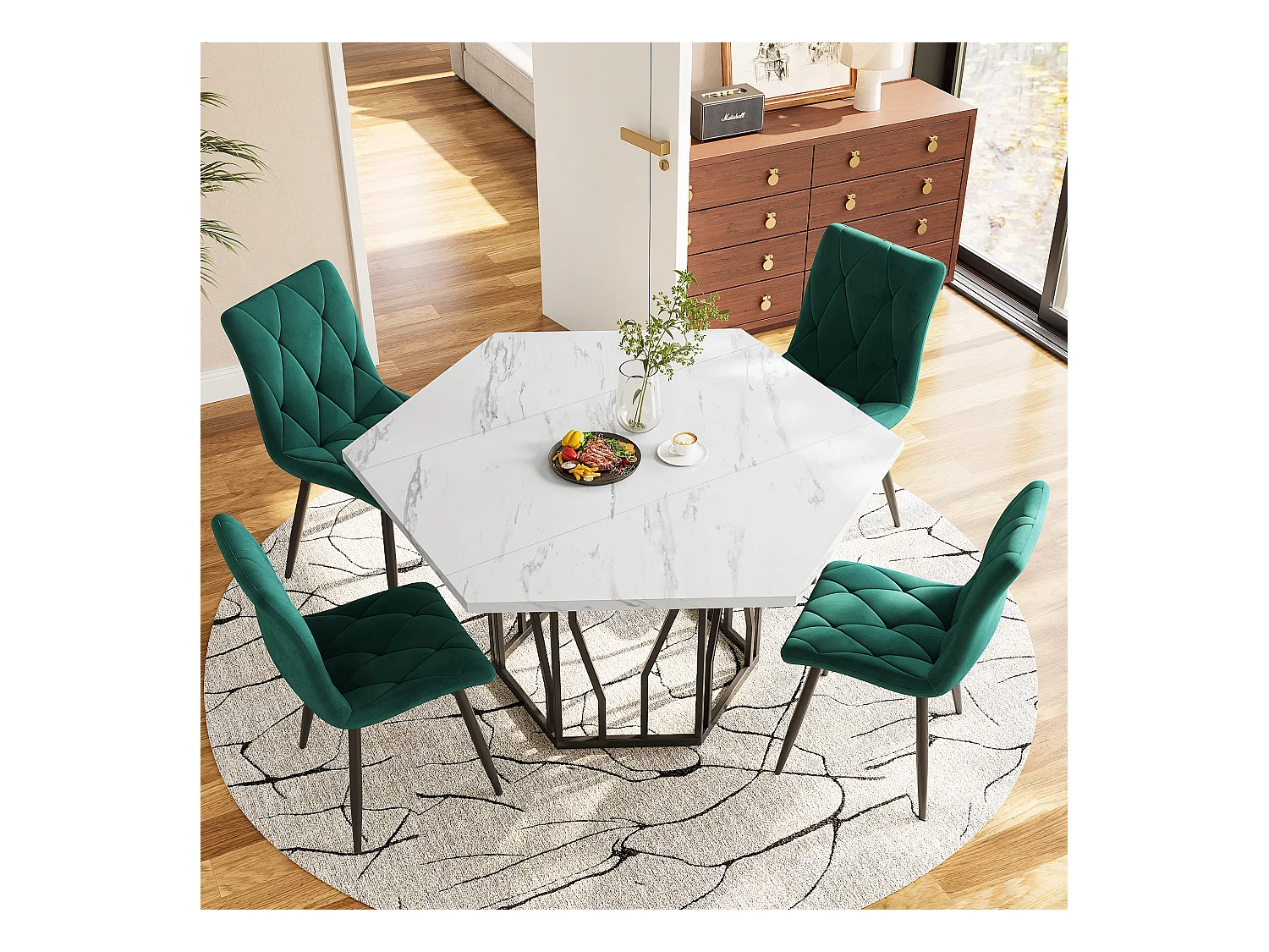 Ensemble table a manger hexagone (115.5x100x75 cm) + 4 chaises en velours vert - pieds en métal noir