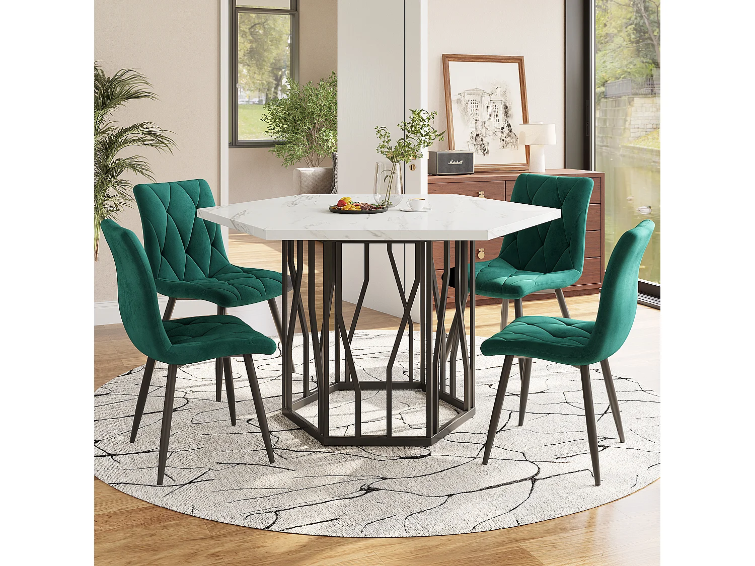 Ensemble table a manger hexagone 115.5x100x75 cm + 4 chaises en velours vert - pieds en métal noir