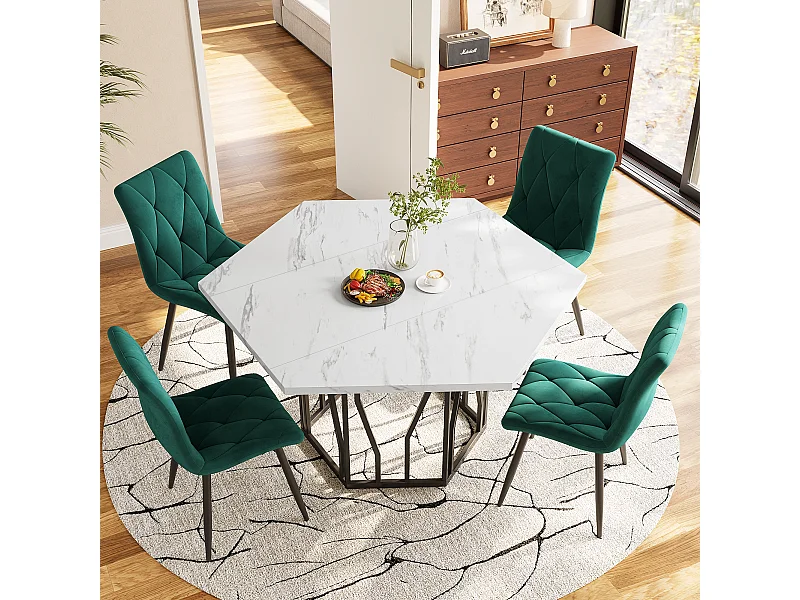 Ensemble table a manger hexagone 115.5x100x75 cm + 4 chaises en velours vert - pieds en métal noir