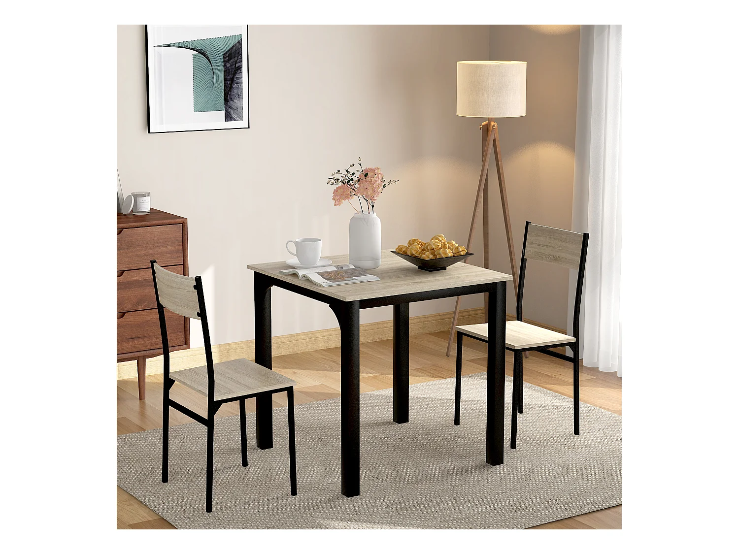 Ensemble table a manger (70x70x75 cm) + 2 chaises en bois naturel - pieds en métal noir