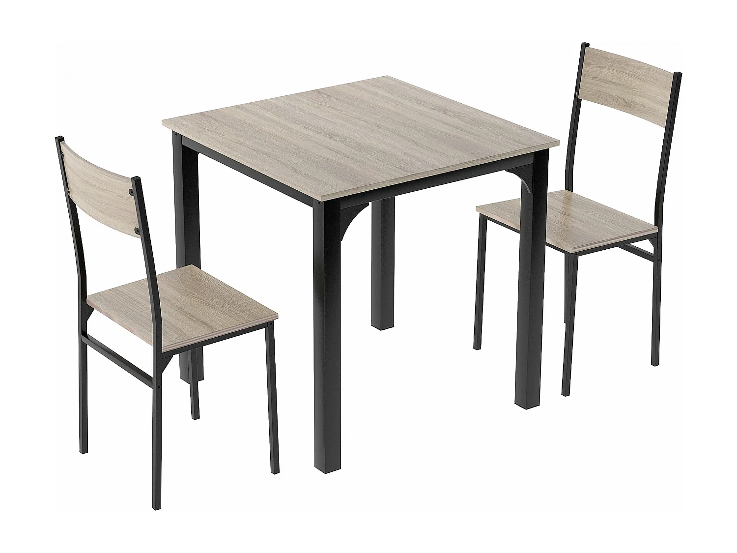 Ensemble table a manger 70x70x75 cm + 2 chaises en bois naturel - pieds en métal noir
