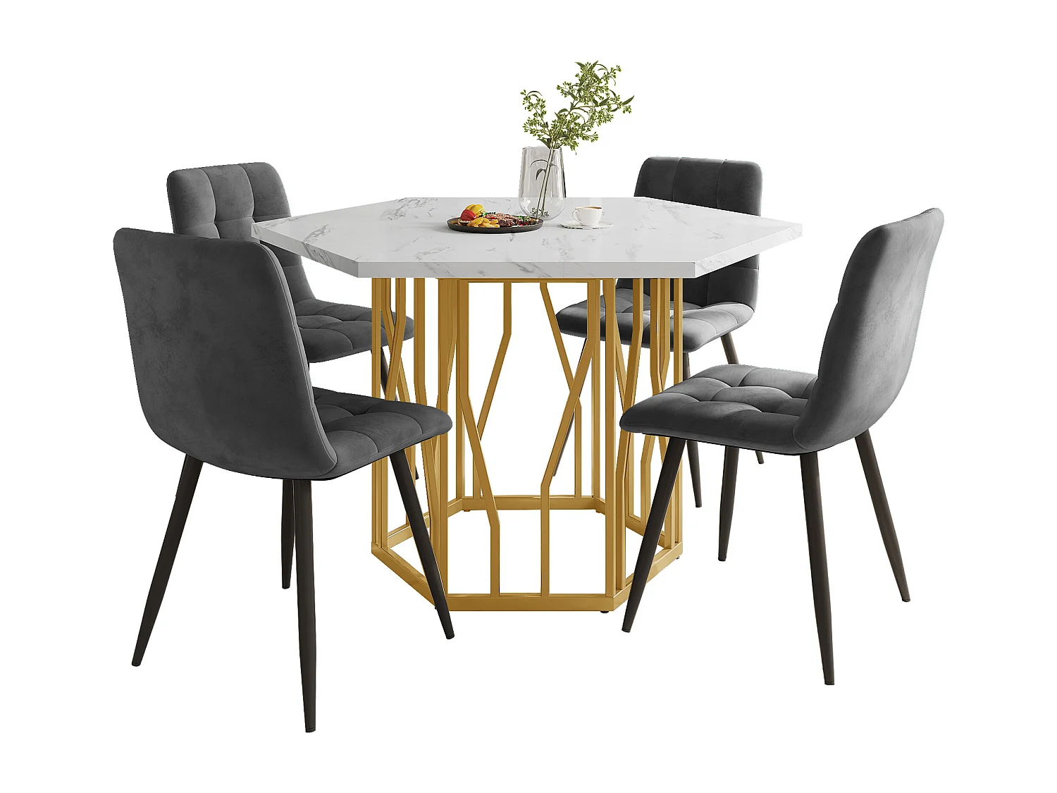 Conjunto de mesa de comedor (115,5x100x75 cm) + 4 sillas en terciopelo gris - patas de metal dorado