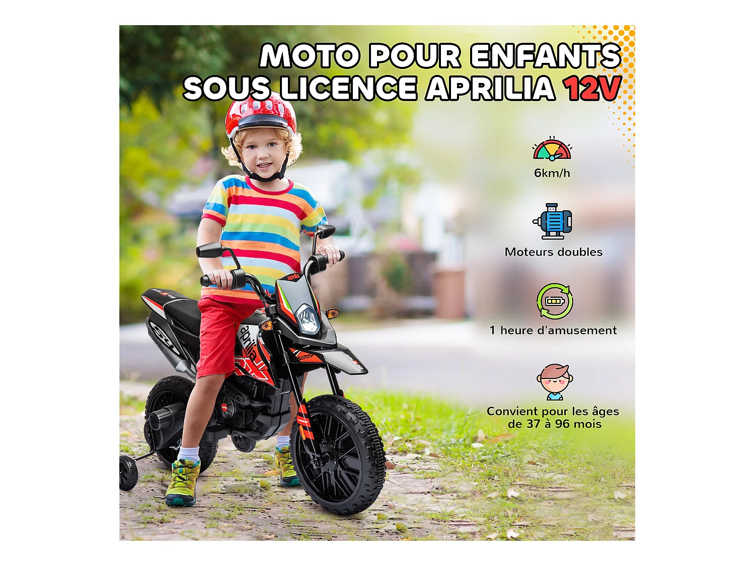 Motocross électrique enfant licence officielle Aprilia RX 125 max. 6 Km/h roues aux. amovibles rouge