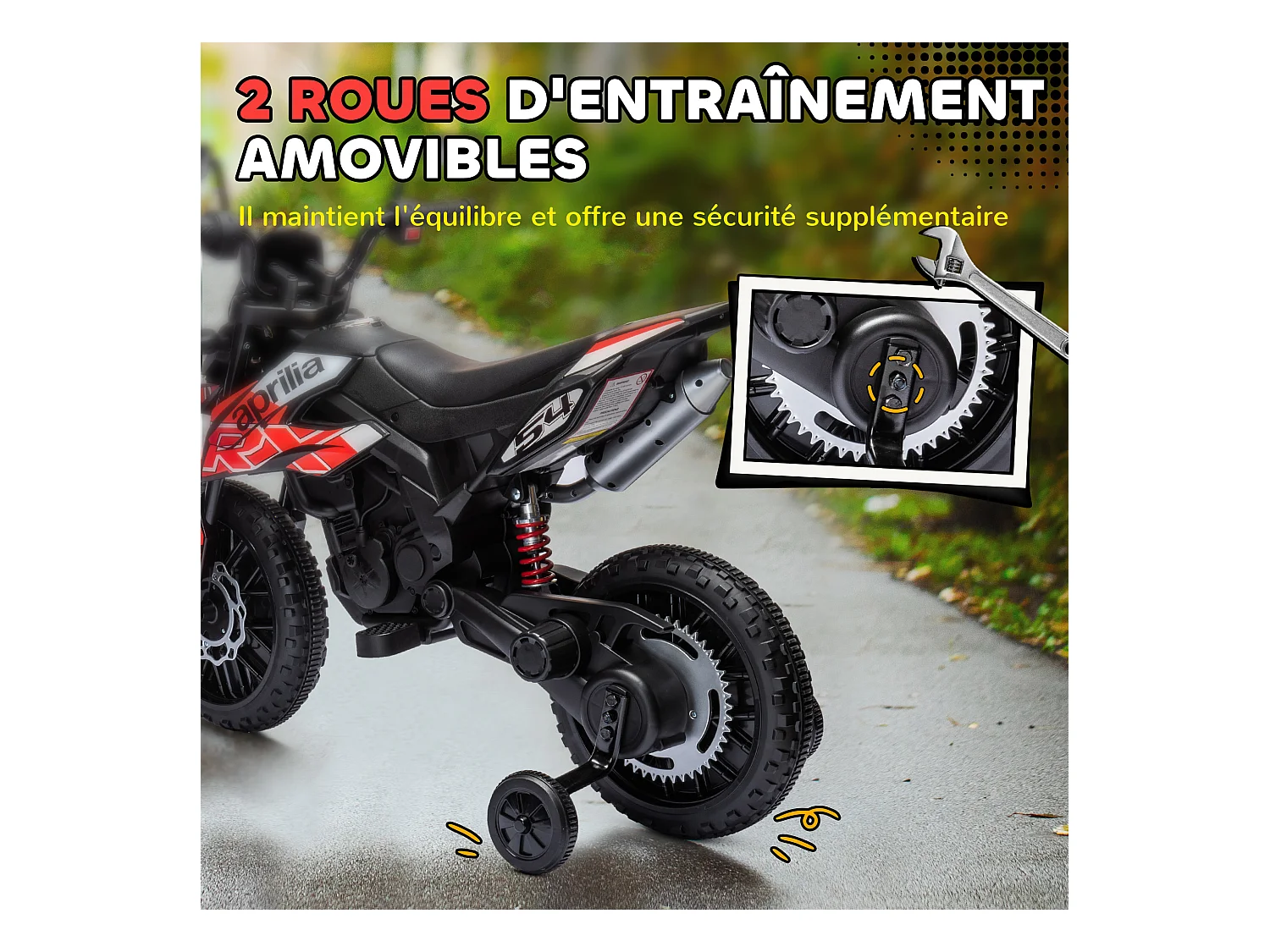 Motocross électrique enfant licence officielle Aprilia RX 125 max. 6 Km/h roues aux. amovibles rouge