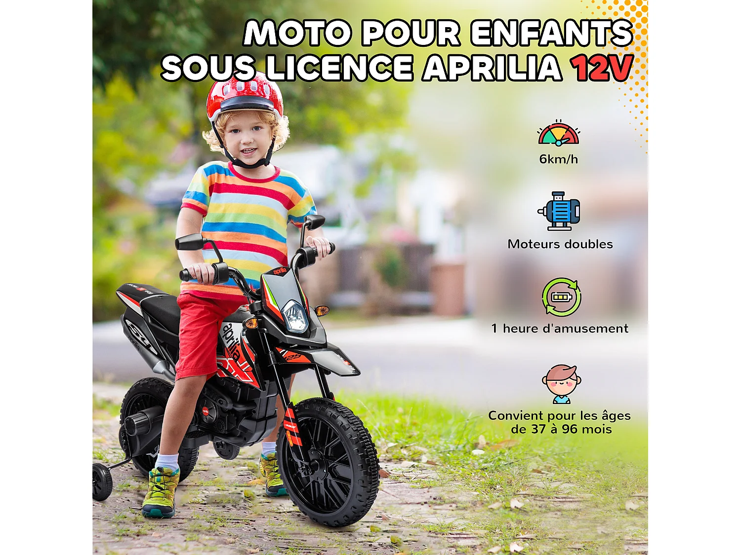 Motocross électrique enfant licence officielle Aprilia RX 125 max. 6 Km/h roues aux. amovibles rouge