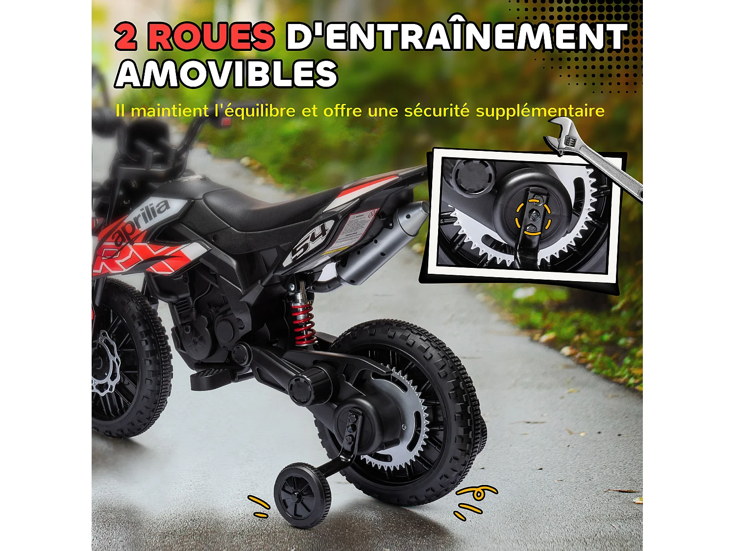 Motocross électrique enfant licence officielle Aprilia RX 125 max. 6 Km/h roues aux. amovibles rouge