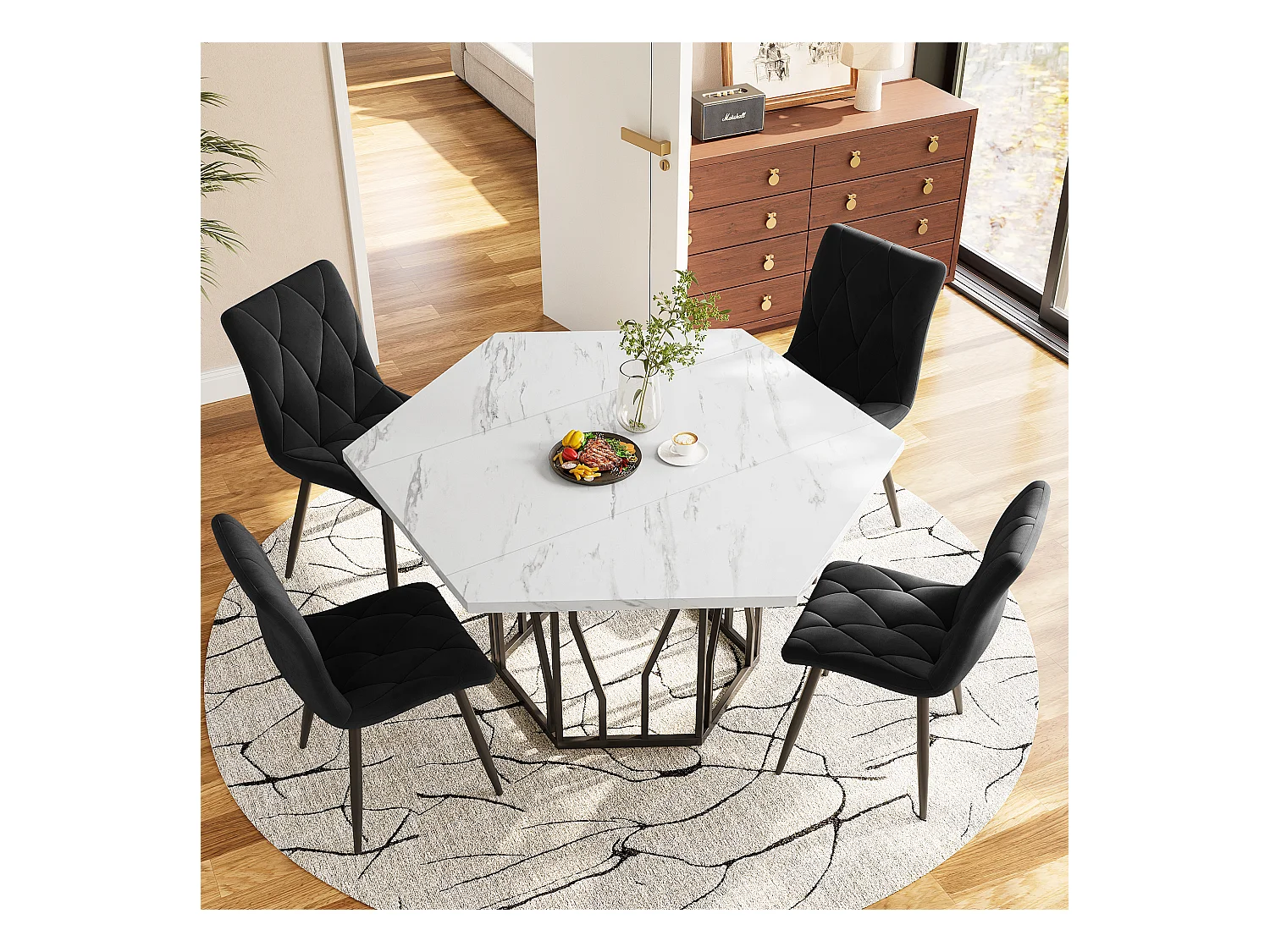Ensemble table a manger hexagone (115.5x100x75 cm) + 4 chaises en velours noir - pieds en métal noir