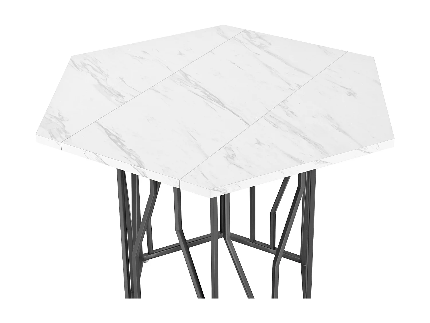 Conjunto de mesa de comedor hexagonal (115,5x100x75 cm) + 4 sillas de terciopelo negro - patas de metal negro