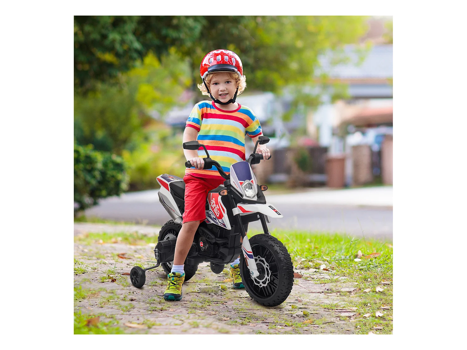 Motocross électrique enfant licence officielle Aprilia RX 125 max. 6 Km/h roues aux. amovibles blanc