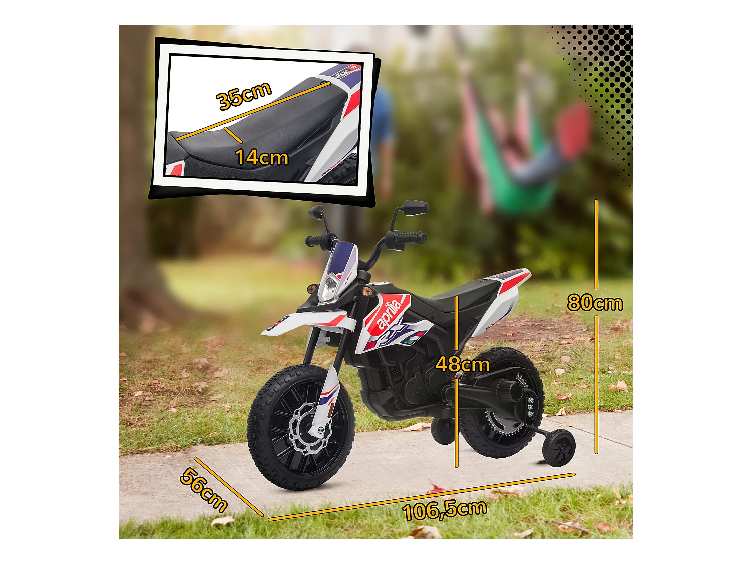 Motocross électrique enfant licence officielle Aprilia RX 125 max. 6 Km/h roues aux. amovibles blanc