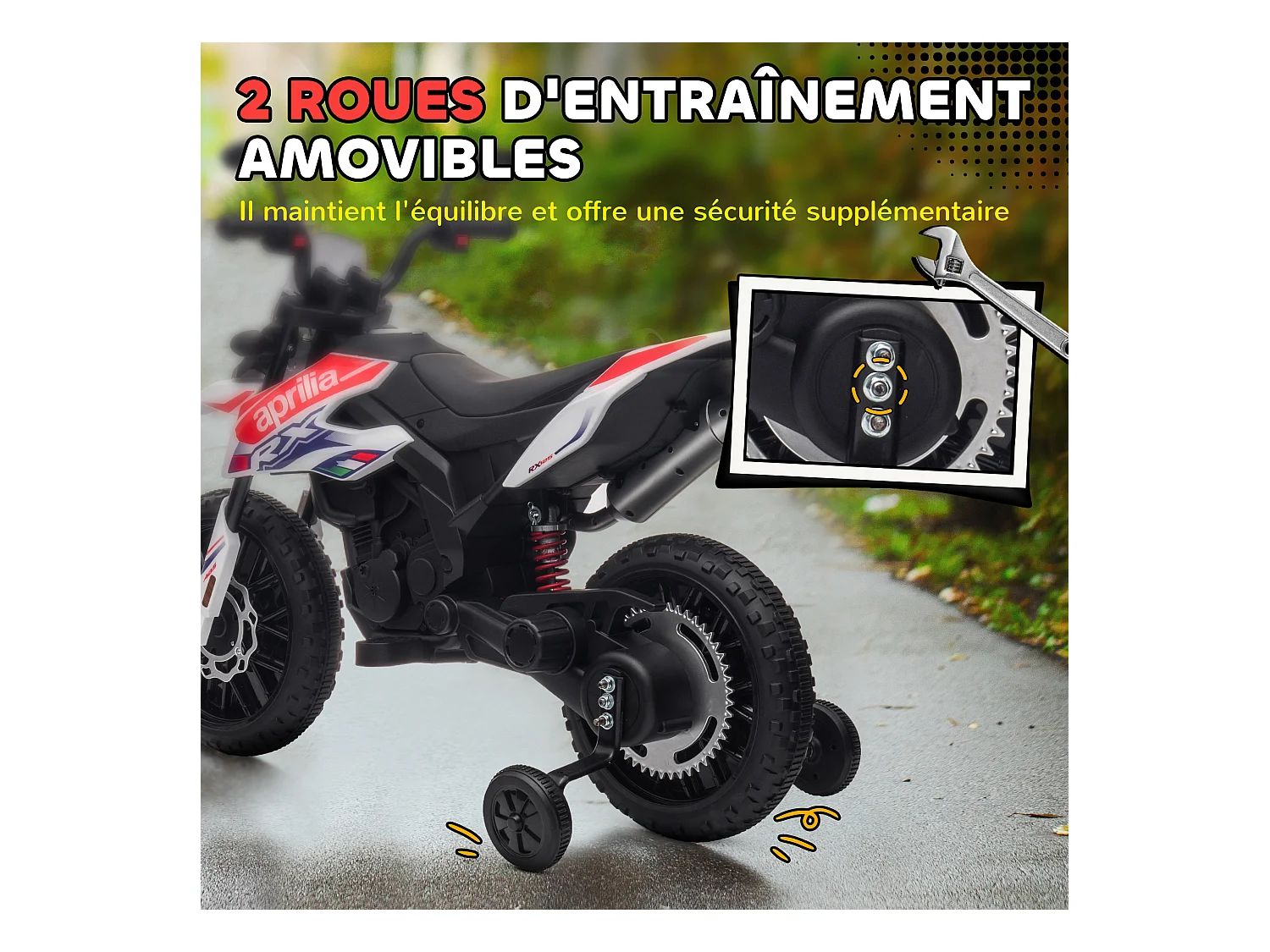Motocross électrique enfant licence officielle Aprilia RX 125 max. 6 Km/h roues aux. amovibles blanc
