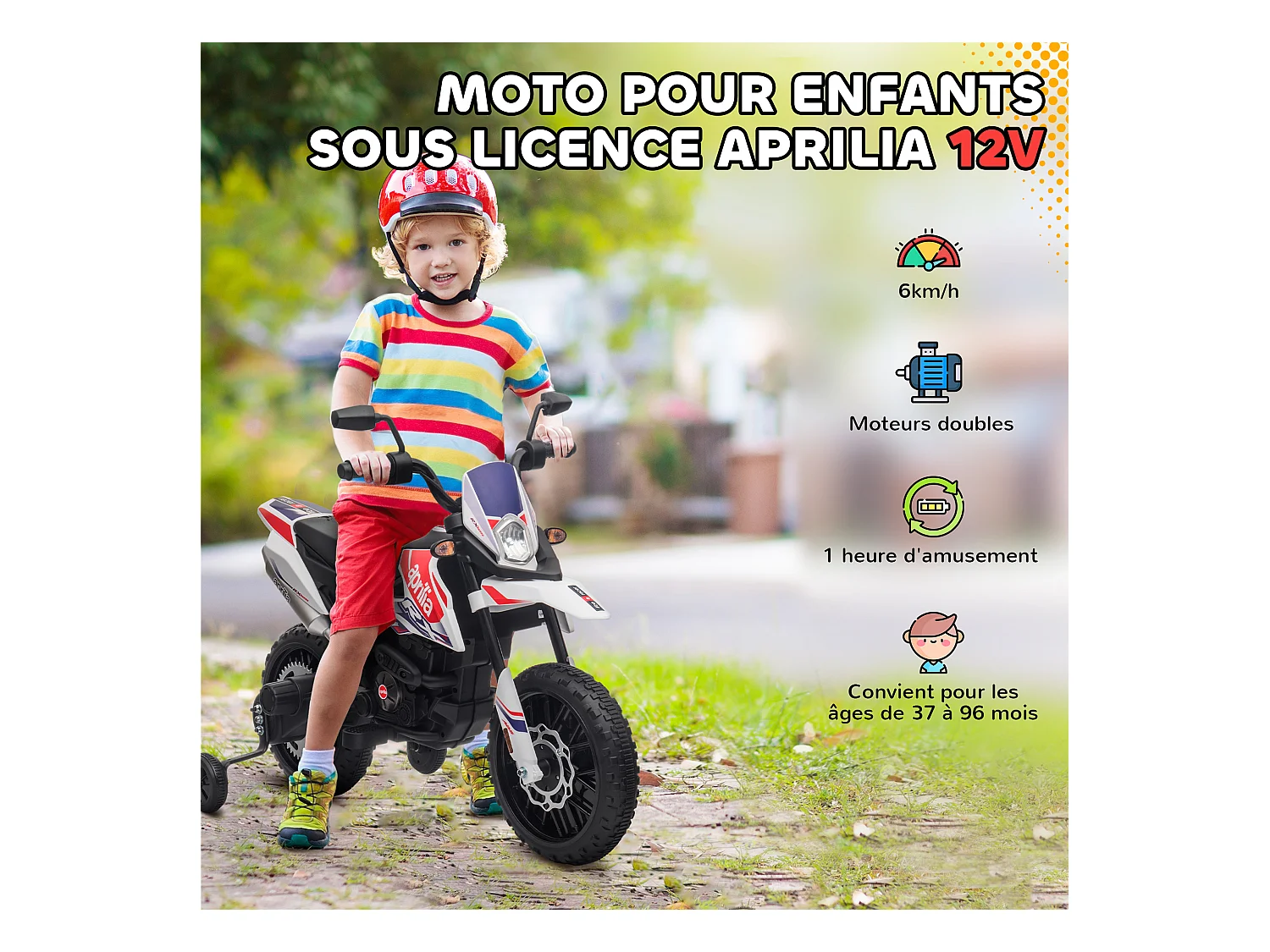 Motocross électrique enfant licence officielle Aprilia RX 125 max. 6 Km/h roues aux. amovibles blanc