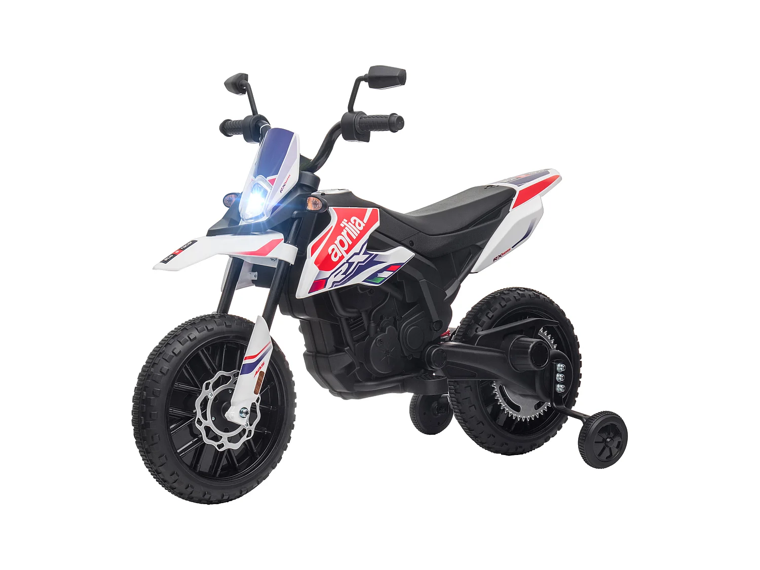 Motocross électrique enfant licence officielle Aprilia RX 125 max. 6 Km/h roues aux. amovibles blanc