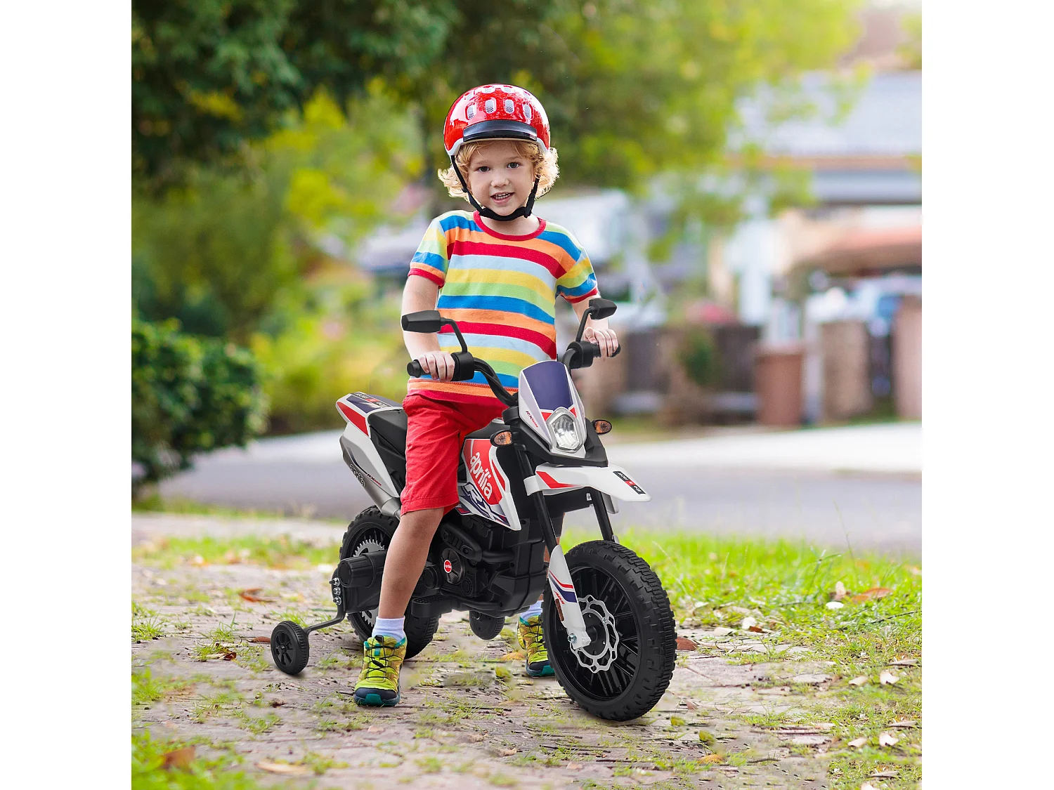 Motocross électrique enfant licence officielle Aprilia RX 125 max. 6 Km/h roues aux. amovibles blanc