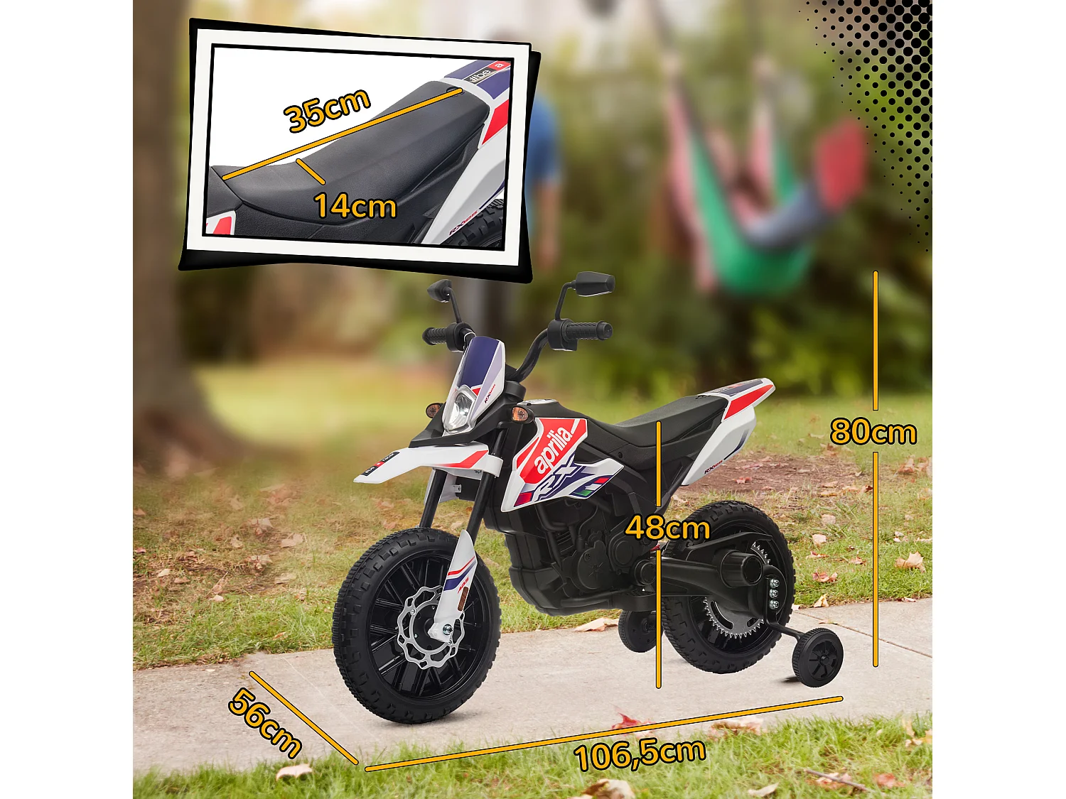 Motocross électrique enfant licence officielle Aprilia RX 125 max. 6 Km/h roues aux. amovibles blanc