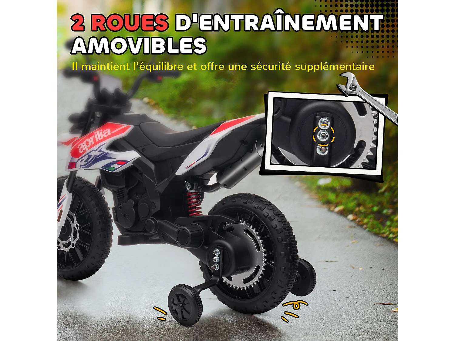 Motocross électrique enfant licence officielle Aprilia RX 125 max. 6 Km/h roues aux. amovibles blanc