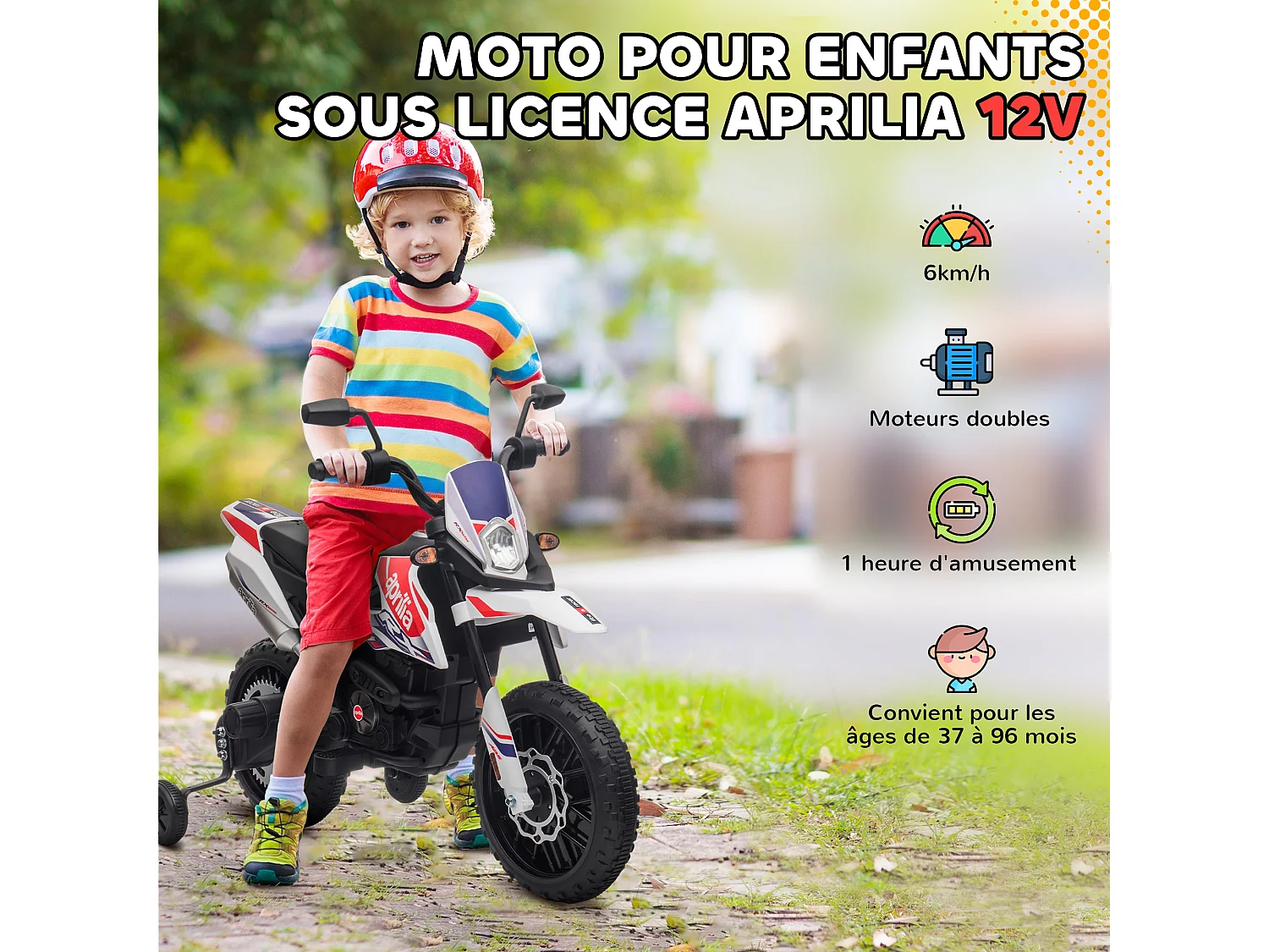 Motocross électrique enfant licence officielle Aprilia RX 125 max. 6 Km/h roues aux. amovibles blanc