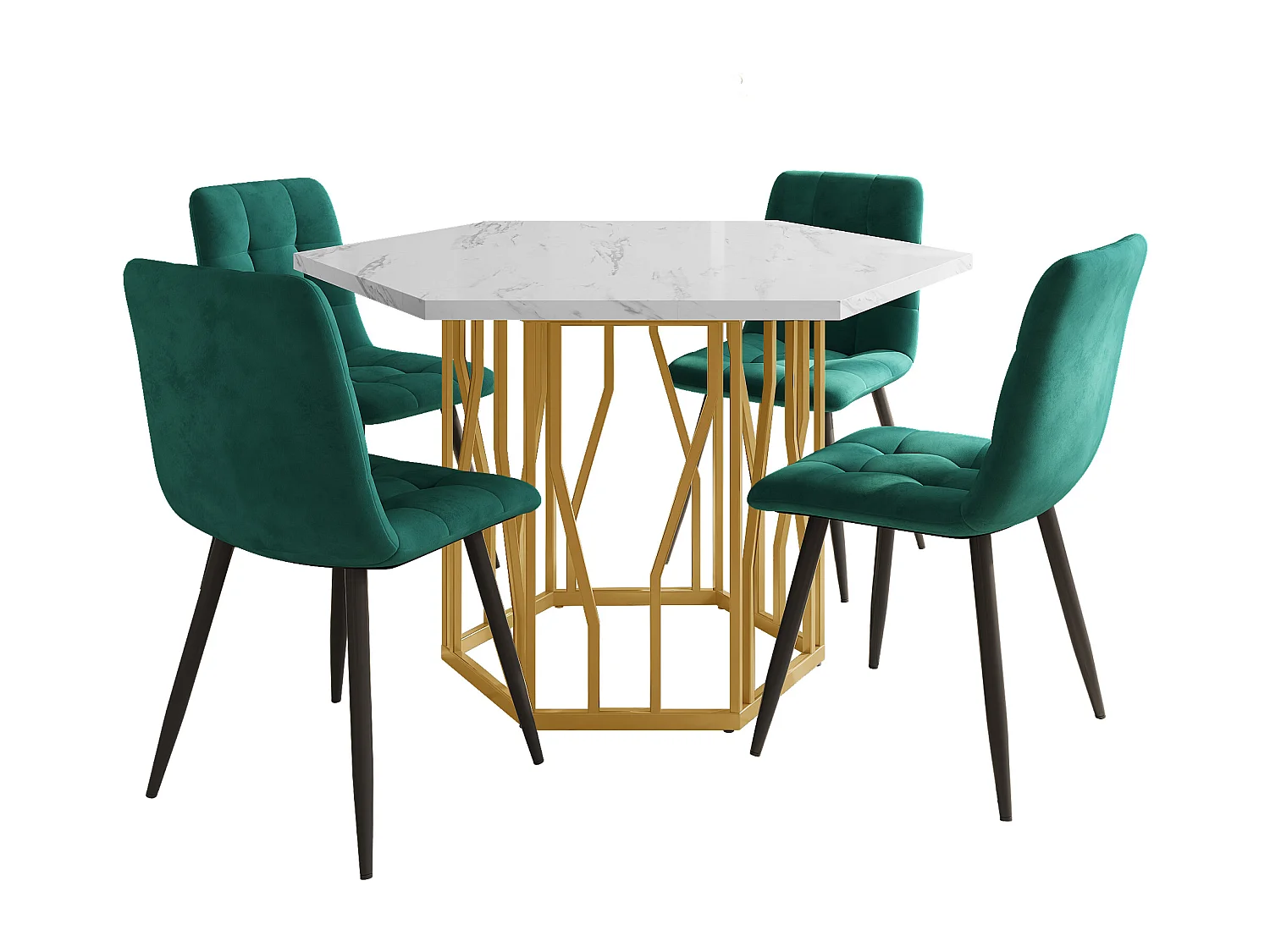 Ensemble table a manger 115.5x100x75 cm + 4 chaises en velours vert - pieds en métal doré