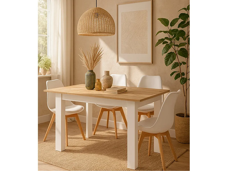 Mesa de comedor extensible de 75x80x140-180 cm patas en forma de L en cambrian-blanco Uki