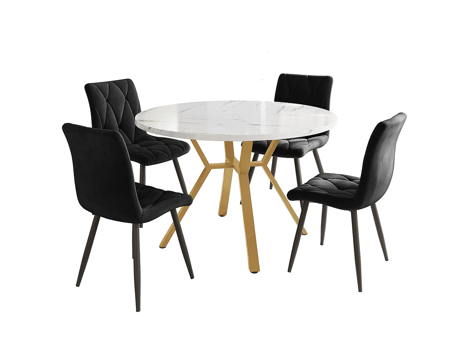 Eettafelset (100x100x75 cm) + 4 zwarte fluwelen stoelen - gouden metalen poten