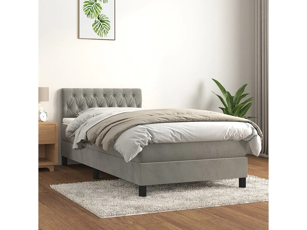 Lit simple-Lit adulte-Sommier à lattes de lit et matelas Gris clair 90x200 cm Velours