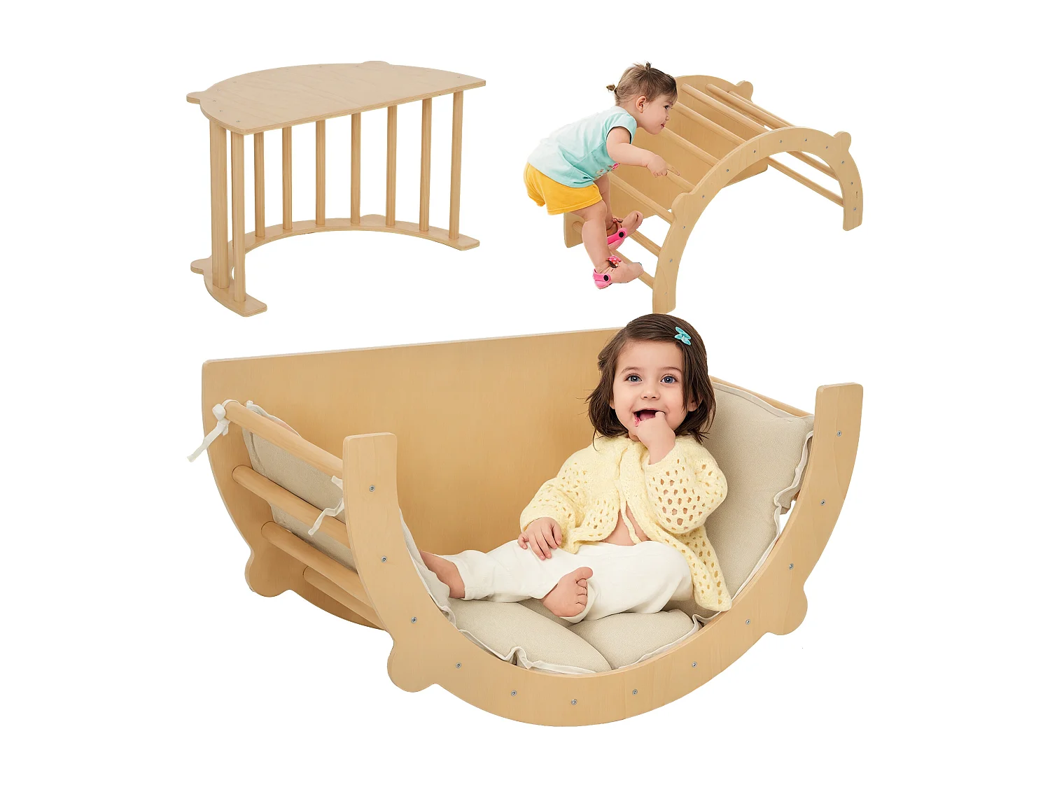 Ensemble d'escalade en bois 3 en 1 - arche, bascule, table - coussin inclus - panneaux bois pin