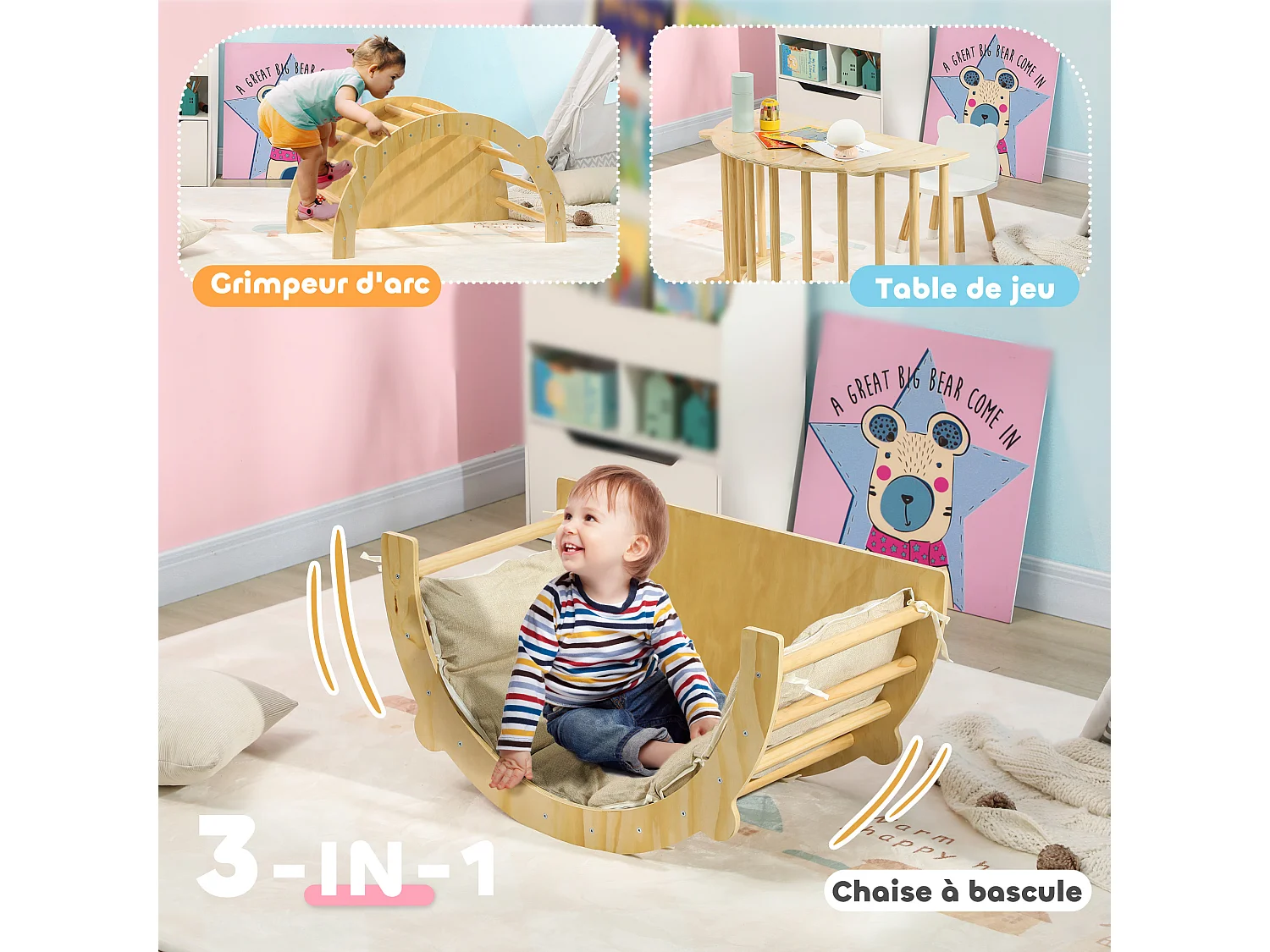 Ensemble d'escalade en bois 3 en 1 - arche, bascule, table - coussin inclus - panneaux bois pin