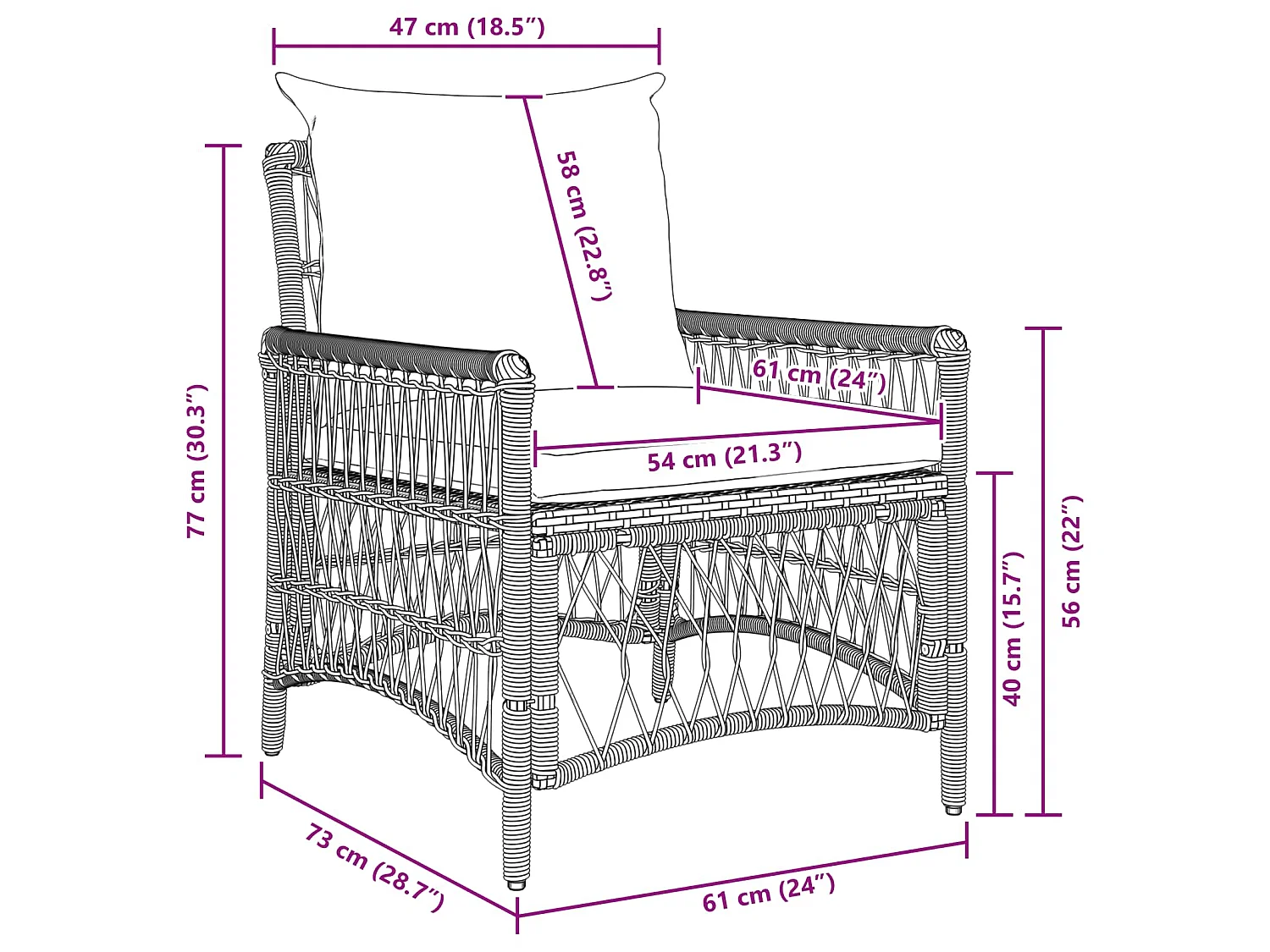 Sedia da Giardino con cuscino Nero 73 x 61 x 77 cm polyrattan