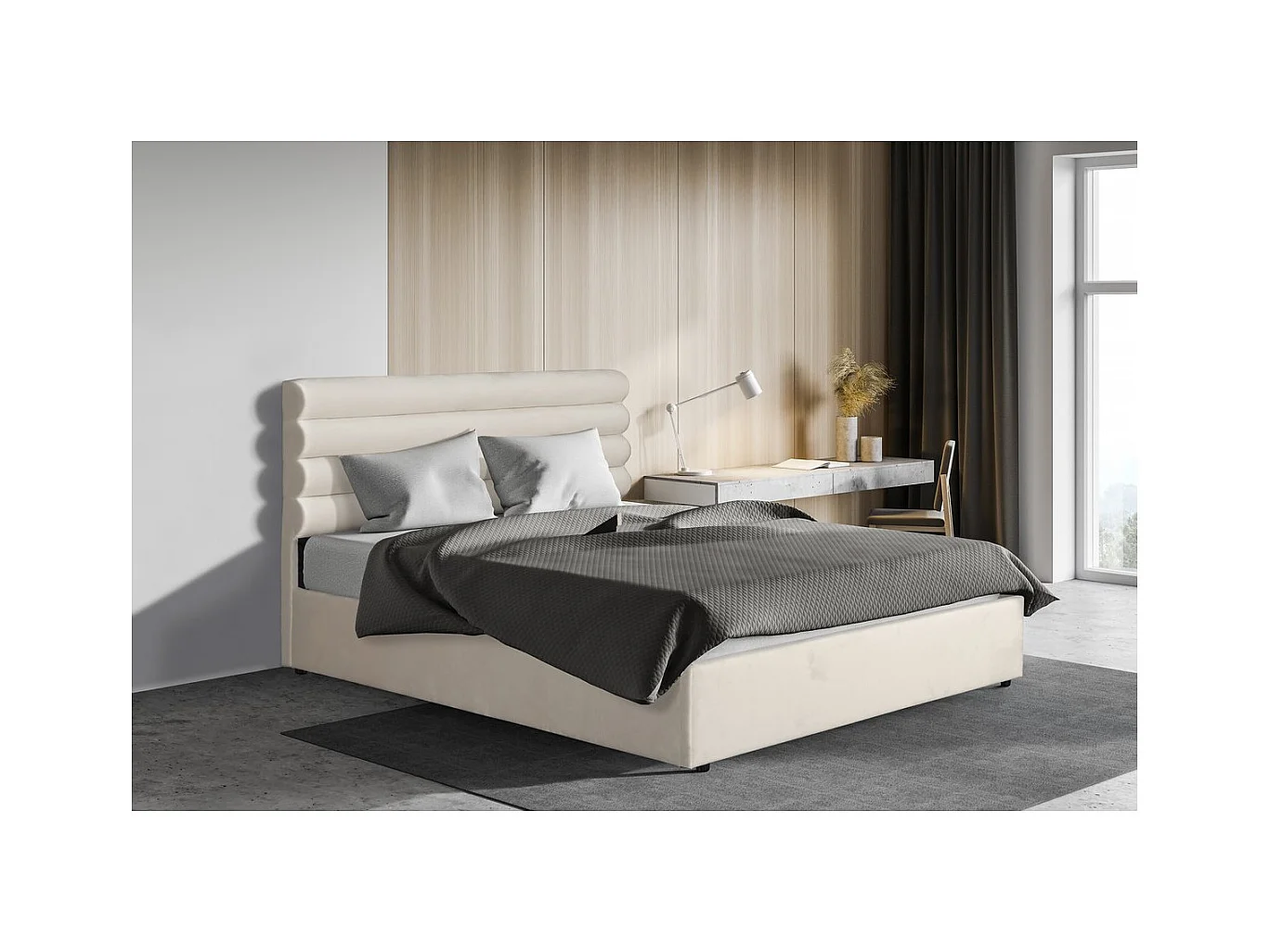 Lit double en velours design "Livigno" - 160 x 200 cm - Beige