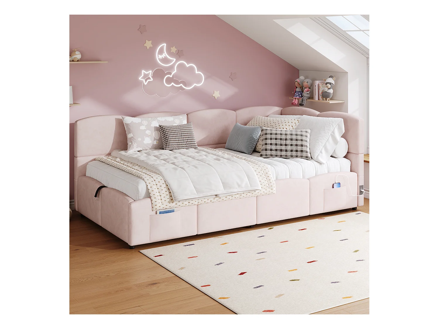 Lit enfant 90x200 cm avec USB - lit à fonction hydraulique - velours - rose (sans matelas)