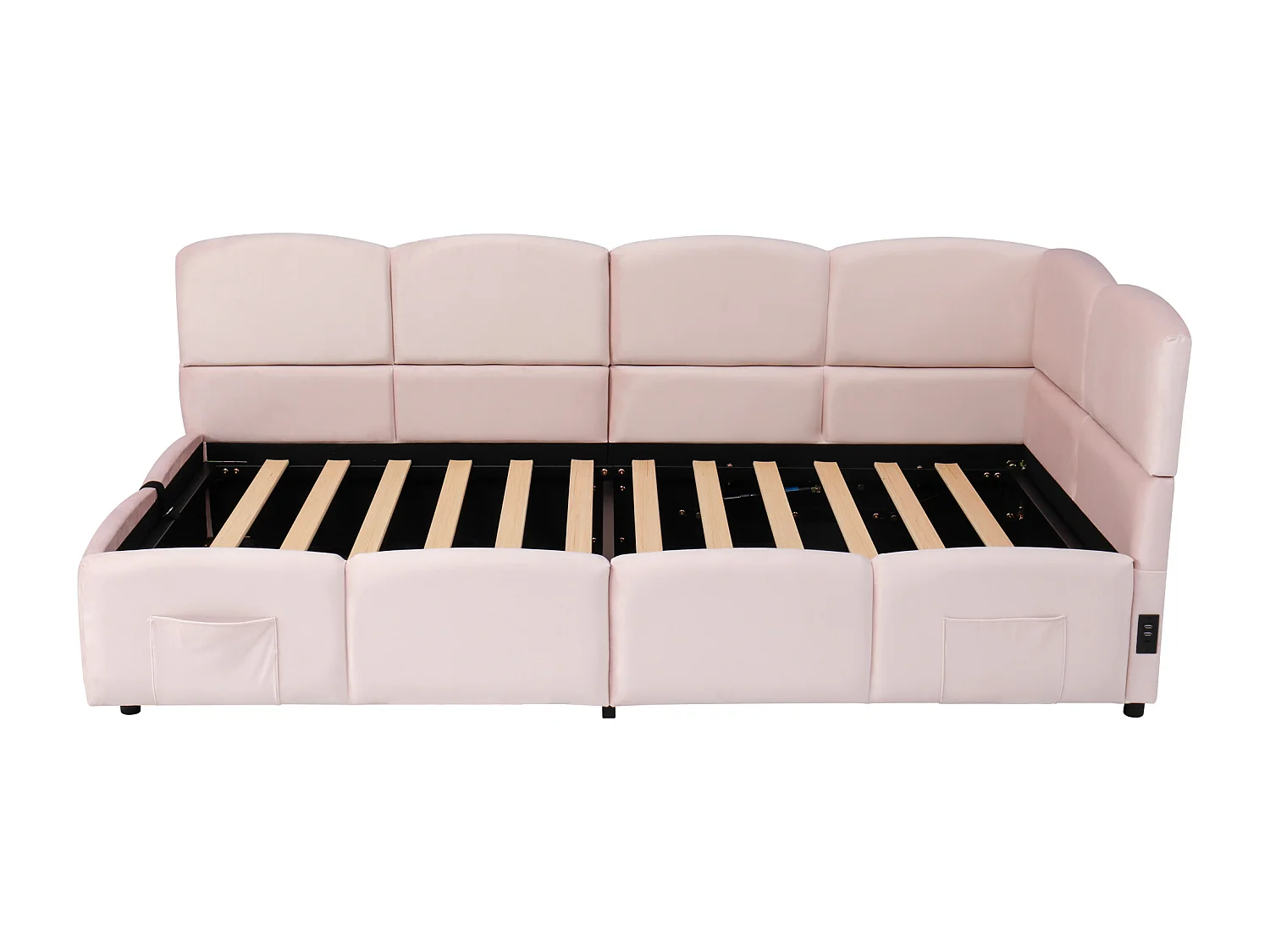Lit enfant 90x200 cm avec USB - lit à fonction hydraulique - velours - rose (sans matelas)