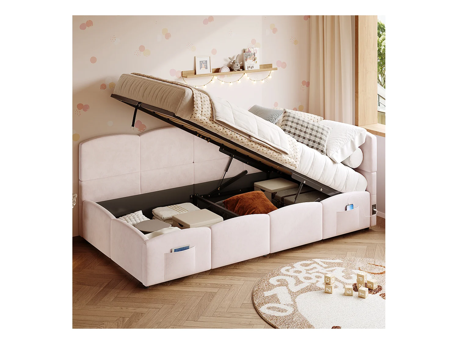 Lit enfant 90x200 cm avec USB - lit à fonction hydraulique - velours - rose (sans matelas)