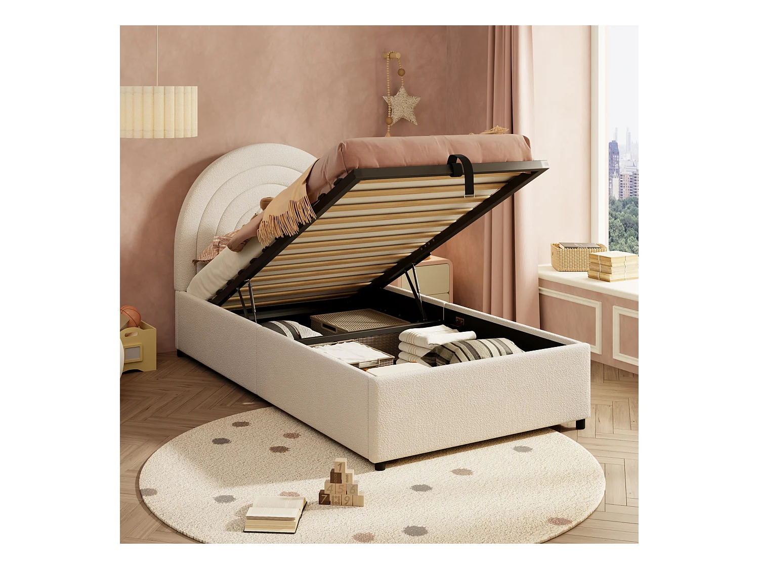 Lit enfant 90x200 cm avec espace de rangement-  bois  - beige (sans matelas)