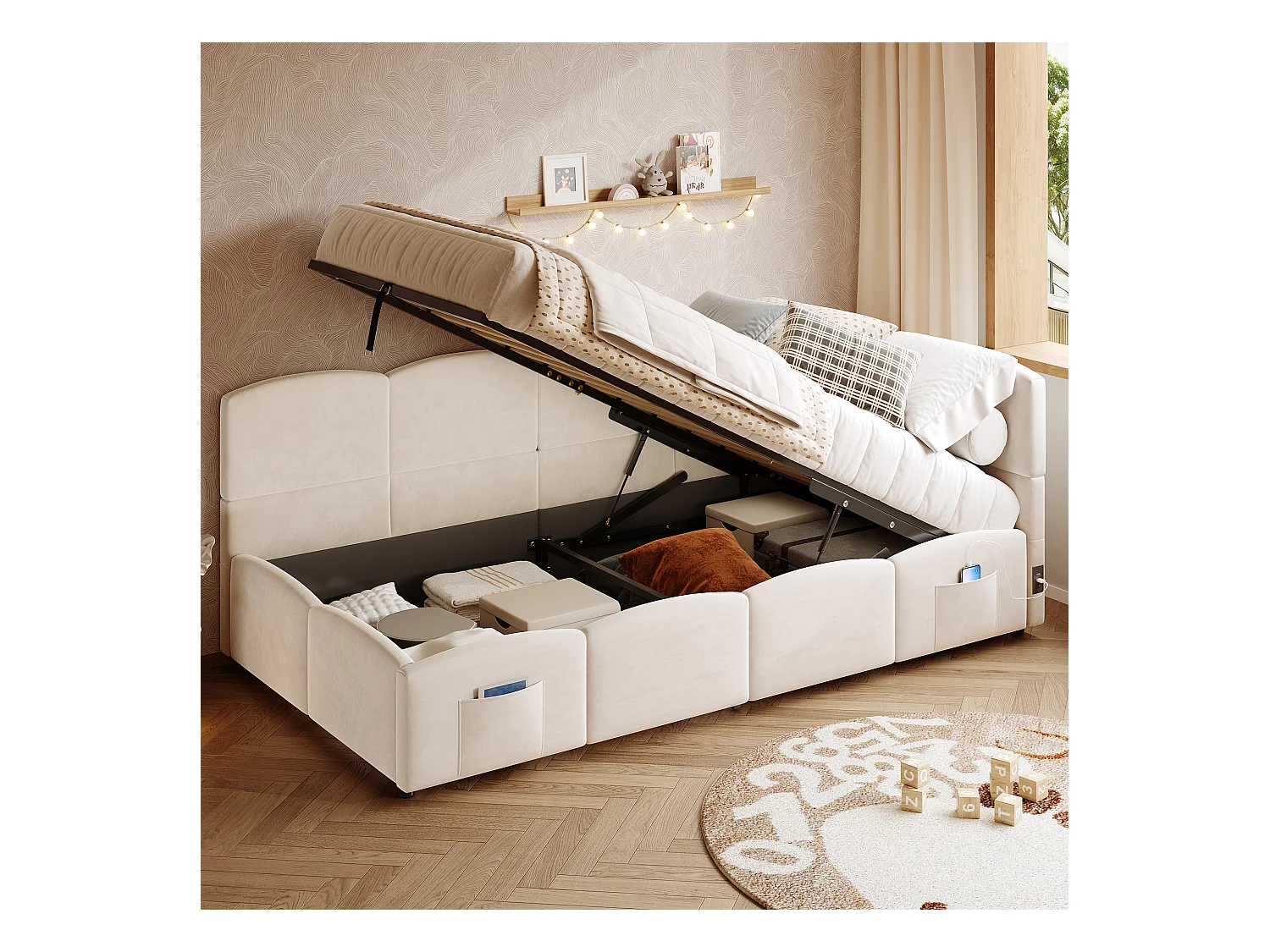 Lit coffre 90x200 cm avec USB - lit à fonction hydraulique - velours - beige (sans matelas)