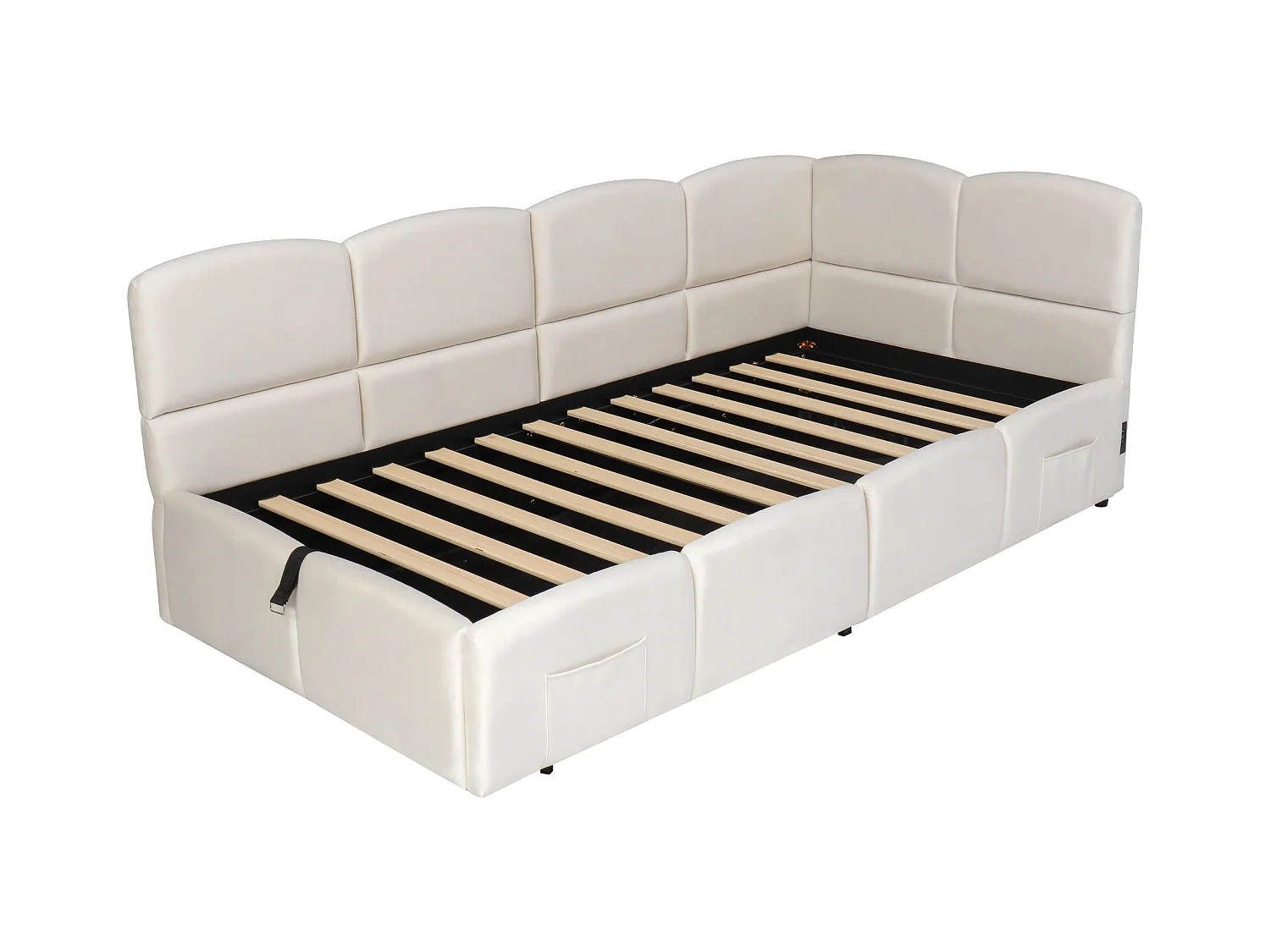 Lit coffre 90x200 cm avec USB - lit à fonction hydraulique - velours - beige (sans matelas)