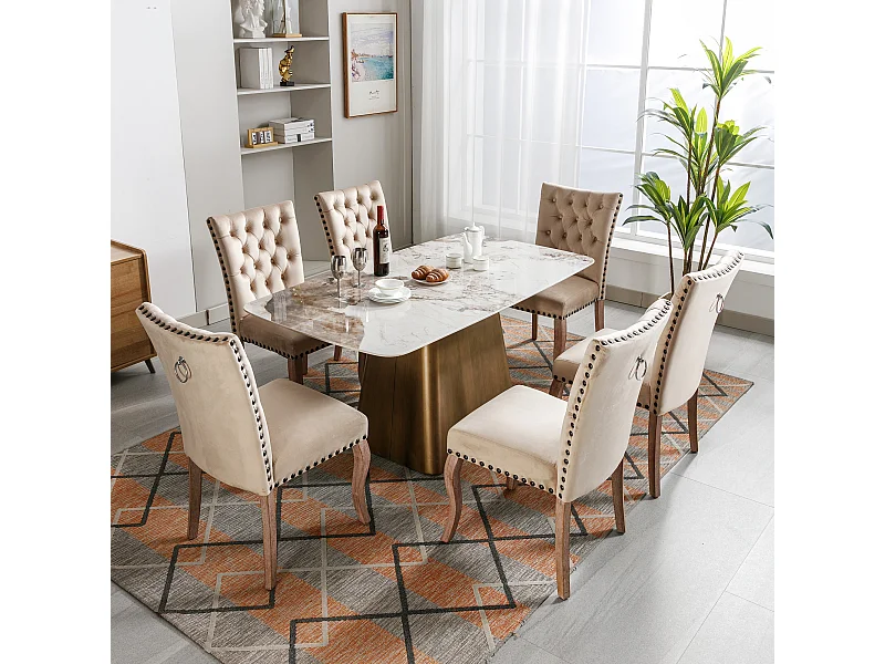 Lot de 6 chaises à manger en velours avec dossier - pieds en bois - marron clair