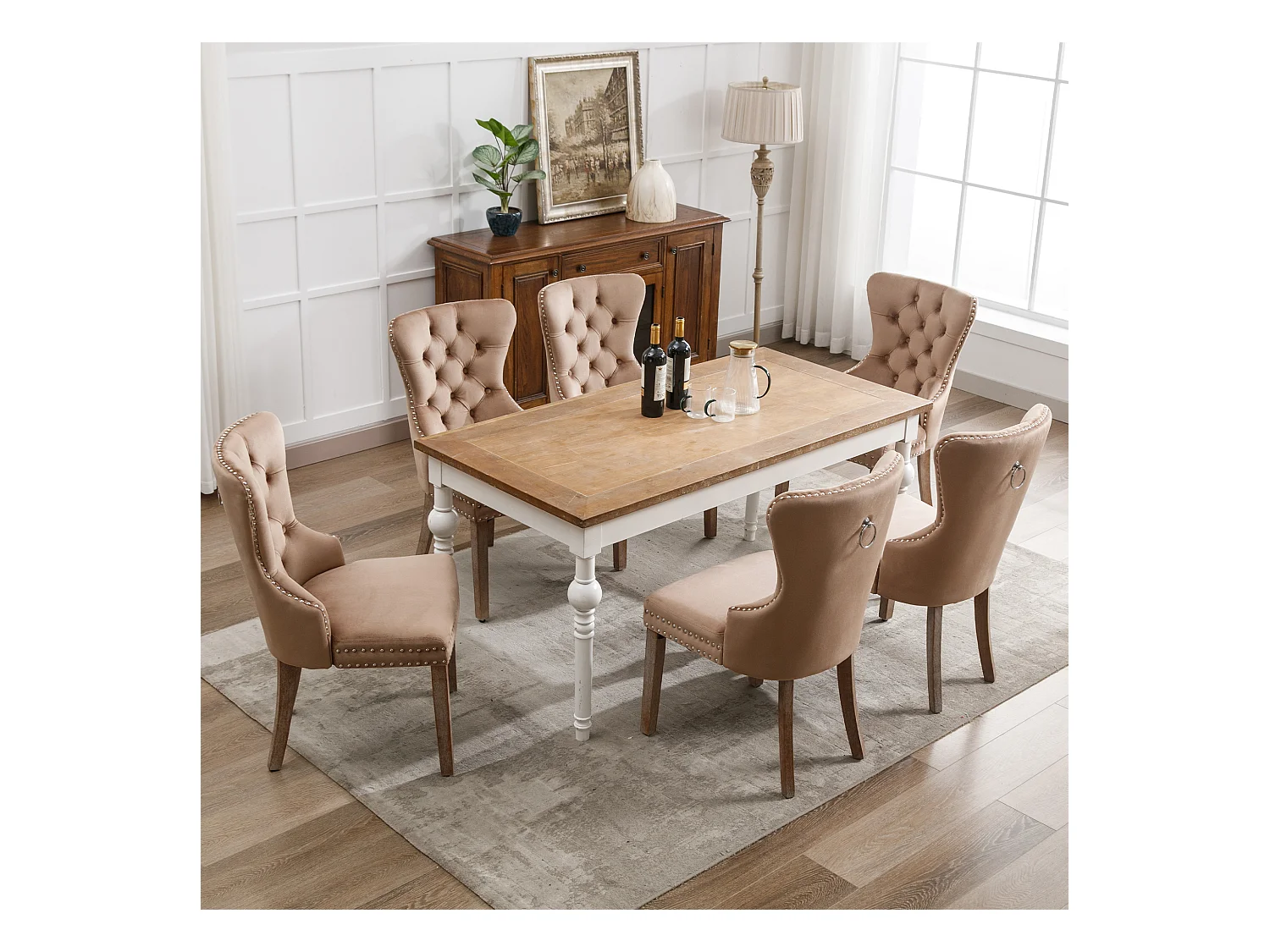 Lot de 6 chaises à manger en velours avec dossier - pieds en bois - marron clair