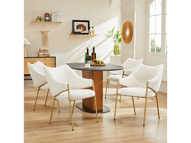 Lot de 4 chaise à manger en sherpa avec avec dossier rembourré et accoudoirs - pieds réglables - beige