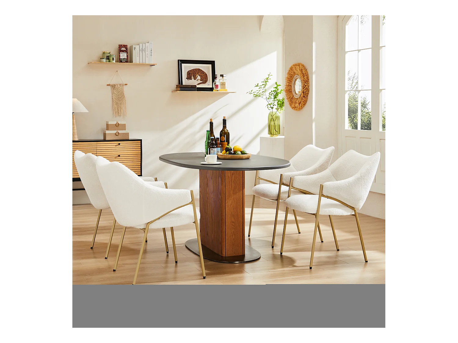 Lot de 4 chaise à manger en sherpa avec avec dossier rembourré et accoudoirs - pieds réglables - beige